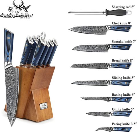 Image of Kitchen Damascus Knife Set- 9 Pcs Japanese Aus-10 Damascus Steel Chef Knives Set High Carbon Core Stainless Steel Full Tang Chef Knife Set Blue G10 Home Kitchen Professional Knife Block Set