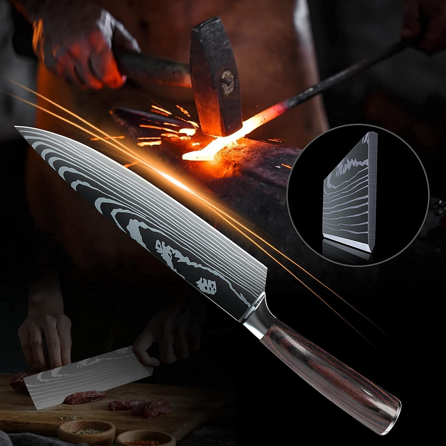 ZENG Professional Kitchen Chef Knife Set, Japanese 8 PCS German High Carbon Stainless Steel Ultra Sharp Knives Sets with Sheaths, Ergonomically Handle Multifunctional Cutter