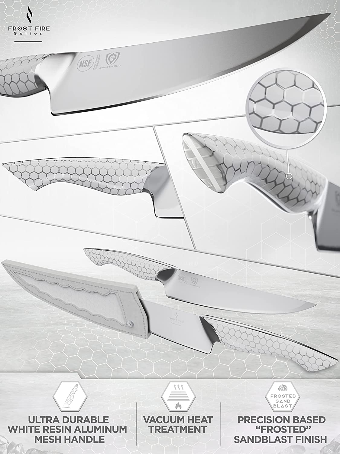 DALSTRONG Chef Knife - 8 Inch - Frost Fire Series - High-Chromium 10CR15MOV Stainless Steel Kitchen Knife - Sand Blasted Frosted Finish - White Honeycomb Handle - Sheath - NSF Certified