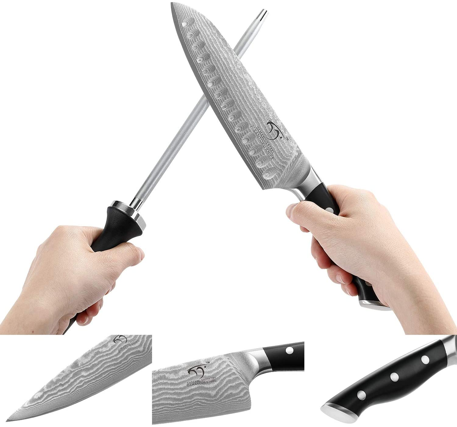 Kitchen Damascus Knife Set, 15-Piece Kitchen Knife Set with Block, ABS Ergonomic Handle for Chef Knife Set and Serrated Steak Knives Knife Sharpener and Kitchen Shears, Beechwood Block