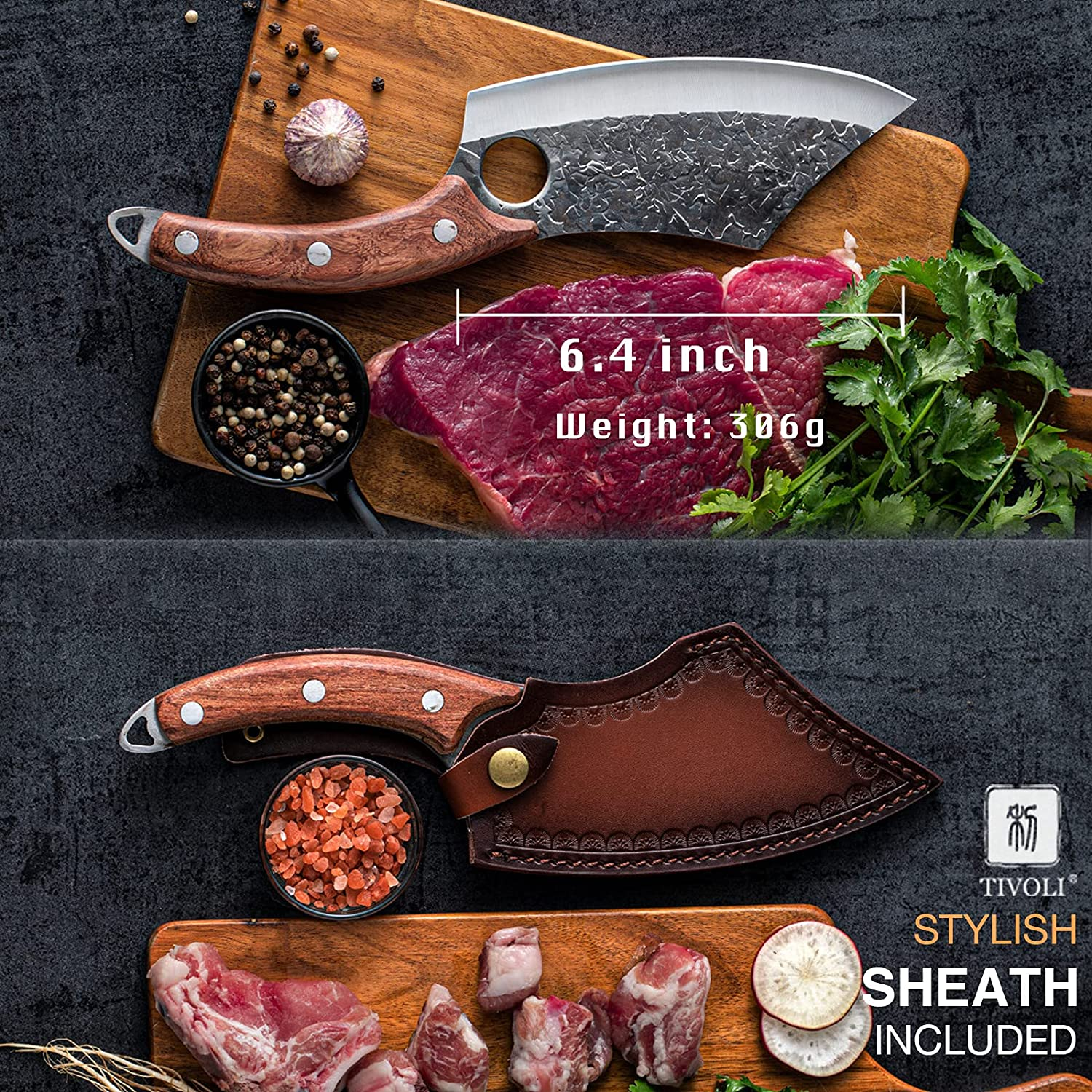 TIVOLI Meat Cleaver Knife Hand Forged Kitchen Knife Full Tang Boning Knife with Sheath Carbon Steel Chef Knife Butcher Knife for Home, Outdoor, Camping