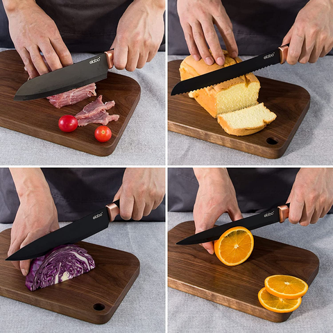 Image of Elabo 5 Piece Black Kitchen Knife Set with Stand - Stainless Steel Non-Stick Coating Knives, Rose Gold Handle