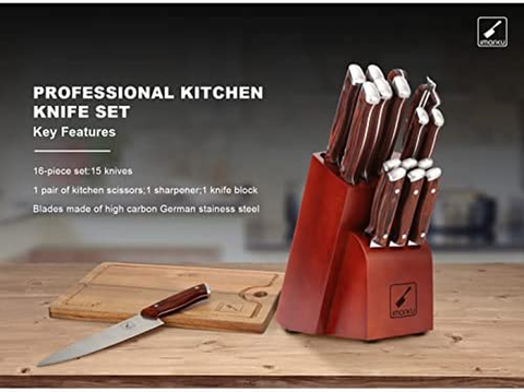 Image of Japanese Knife Set, Imarku 16-Piece Professional Kitchen Knife Set with Block, Chef Knife Set with Knife Rod, German High Carbon Steel Kitchen Knives Set