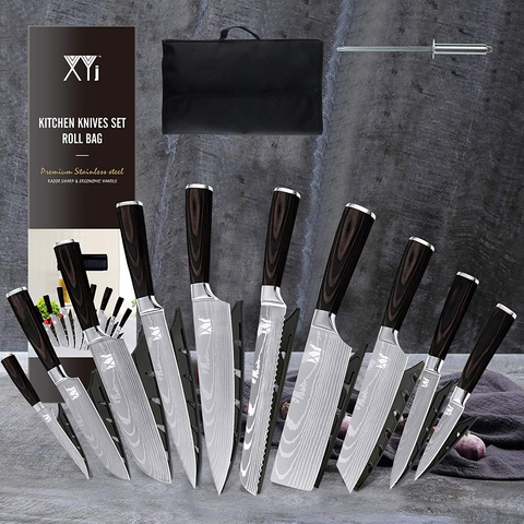Image of XYJ Stainless Steel Kitchen Knives Set 10 Piece Chef Knife Set with Knife Sharpening Rod Carry Case Bag & Sheath Well Balance Ergonomic Handle