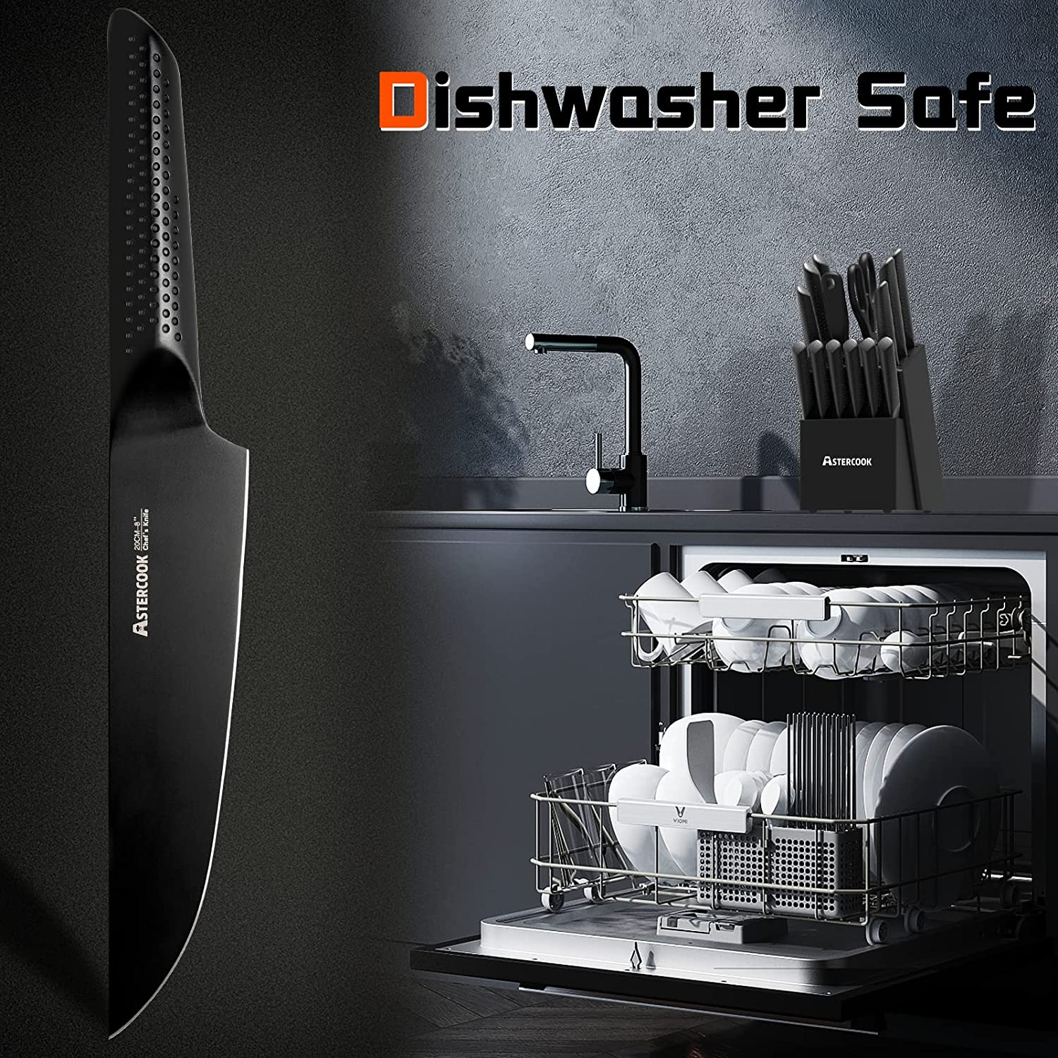 Knife Set, 15 Pieces Chef Knife Set with Block for Kitchen, German Stainless Steel Knife Block Set, Dishwasher Safe, Elegant Black
