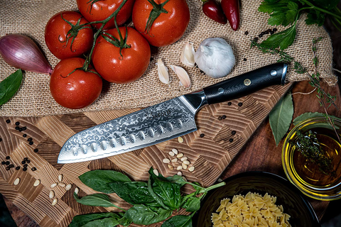 Image of Santoku Chef’S Knife 7 Inch: Best Professional Scalloped Hollow (Granton) Edge Japanese VG10 67 Layer Damascus Steel Ultra Sharp Blade W/G-10 Ergonomic Handle by Oxford Chef