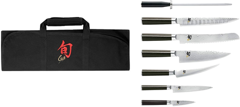 Image of Shun Classic 8-Piece Student Set; Perfect Knife Set for the Aspiring Chef: Paring, Utility, Chef’S, Boning/Fillet, Hollow-Ground Slicing and Bread Knives; Honing Steel and Portable Knife Roll Included