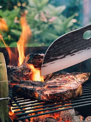 Image of Upgraded Serbian Chef Knife 11.4 Inch Viking Cleaver Knife Hand Forged Japanese Kitchen Knives Sharp Chopping Knife Full Tang Handle Butcher Knife with Sheath Outdoor Boning Knife BBQ Camping Gift