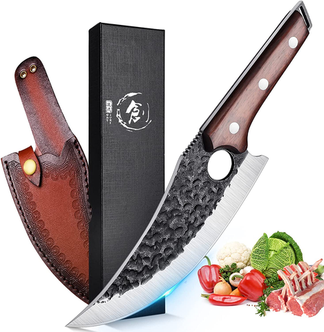 Image of TOMBRO Forged Viking Knives, 7" Boning Knife, Handmade Meat Cleaver Knife, High Carbon Steel Butcher Knives with Sheath, Japanese Chef Knife for Kitchen, Camping, BBQ, Fishing Filet