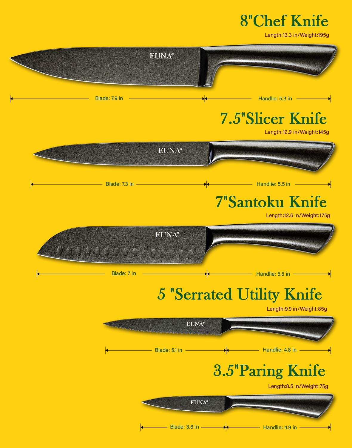 EUNA 5 PCS Kitchen Knife Boxed Set Ultra Sharp Japanese Knives with Sheaths and Gift Box Chefs Knives Set for Professional Multipurpose Cooking with PP Ergonomic Handle (Black-Brown)