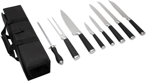 Image of 9-Piece Kitchen Knife Set in Carry Case - Ultra Sharp Chef Knives with Ergonomic Handles - Professional Japanese Chef'S Knife Set with Paring, Carving, Bread, Santoku, Utility Knives, Fork, Sharpener