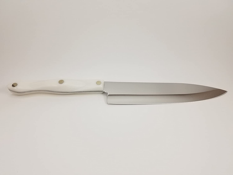 Image of Model 1728 CUTCO White (Pearl) Petite Chef Knife in Factory-Sealed Plastic Bag. 7.75” High Carbon Stainless Blade and 5.5” Handle.