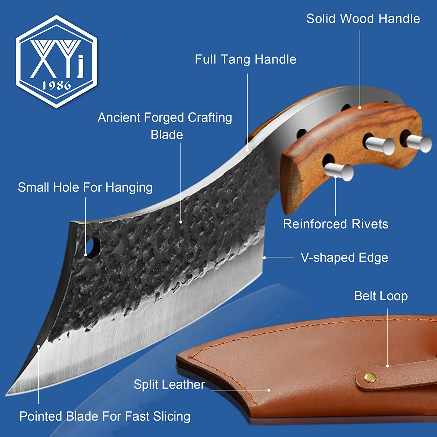 Authentic XYJ FULL TANG 6.2 Inch Kitchen Knife Chef Knives with Carrying Leather Knife Sheath 4Cr13 Stainless Steel Slicing Cutting Butcher Knives for Meat Vegetable Cooking Tool
