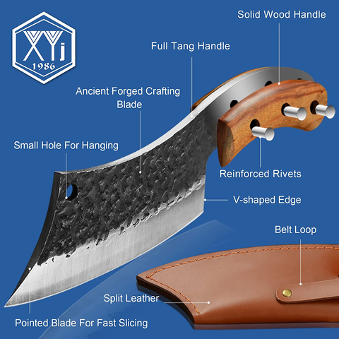 Image of Authentic XYJ FULL TANG 6.2 Inch Kitchen Knife Chef Knives with Carrying Leather Knife Sheath 4Cr13 Stainless Steel Slicing Cutting Butcher Knives for Meat Vegetable Cooking Tool