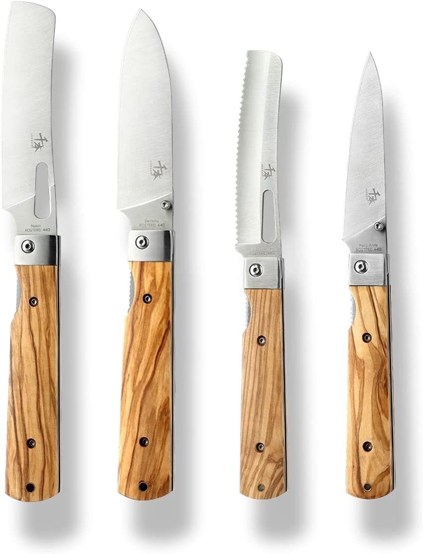 Senbon 440A Stainless Steel Gift Wrapped 4 Piece Set Sharp Pocket Folding Japanese Chef Knife Universal Peeling Knife Bread Knife Combination Set Portable Kitchen Knives with Natural Olive Handle.