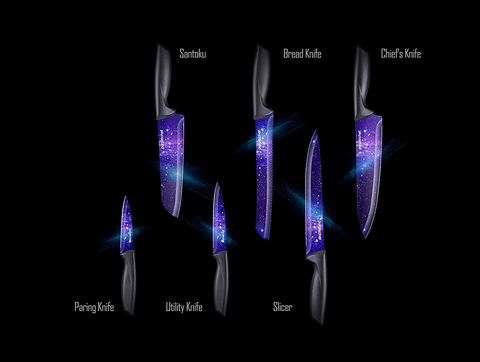 Image of Purplechef 10 Pieces Purple Galaxy Kitchen Knives Set. Includes 6 Stainless Steel Knives, Scissors, Knife Sharpener, Peeler, and Clear Acrylic Stand.