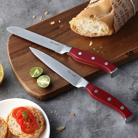 Image of Mccook MC24 15 Pieces Stainless Steel Kitchen Knife Sets with Wooden Block, Kitchen Scissors and Built-In Sharpener, Red