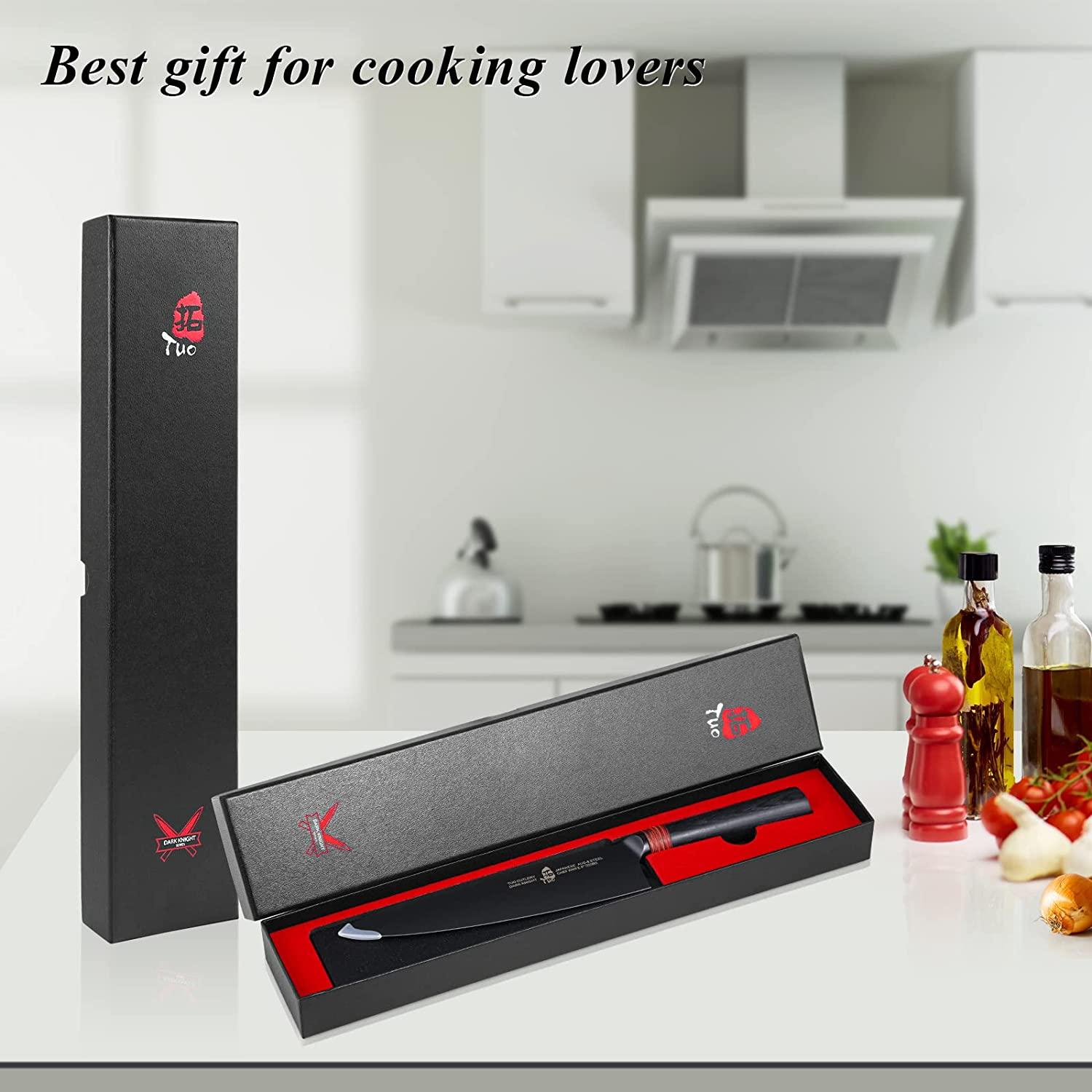 TUO Chef Knife 8" - Japanese Gyuto Knife Super Sharp Chefs Knives Black Titanium Coated Blade - Premium AUS-8 Stainless Steel Ergonomic Pakkawood Handle - Dark Knight Series with Sheath & Gift Box