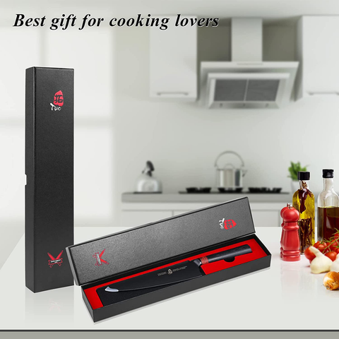 Image of TUO Chef Knife 8" - Japanese Gyuto Knife Super Sharp Chefs Knives Black Titanium Coated Blade - Premium AUS-8 Stainless Steel Ergonomic Pakkawood Handle - Dark Knight Series with Sheath & Gift Box