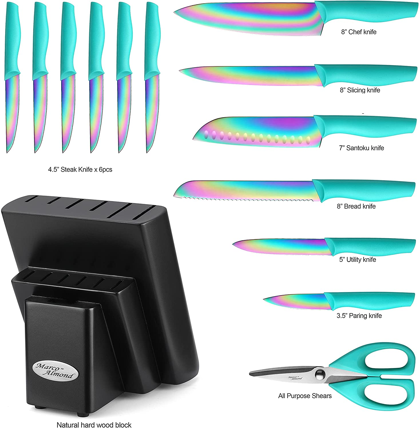 DISHWASHER SAFE KYA27 Rainbow Titanium Cutlery Knife Set, Marco Almond 14-Piece Kitchen Knives Block Sets, Teal