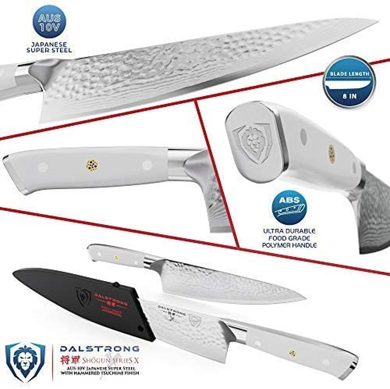 DALSTRONG Chef Knife - 8 Inch - Shogun Series - Damascus - Japanese AUS-10V Super Steel Kitchen Knife - White Handle - Razor Sharp Knife - W/Sheath