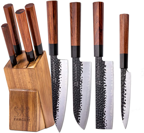 Image of FAMCÜTE Japanese Chef Knife Set, 3 Layer 9CR18MOV Clad Steel W/Octagon Handle and Block Wooden Holder for 4Piece Kitchen Knife Set (8” Gyuto Knife, 7” Nakiri Knife, 7” Santoku Knife, 5” Utility Knife)
