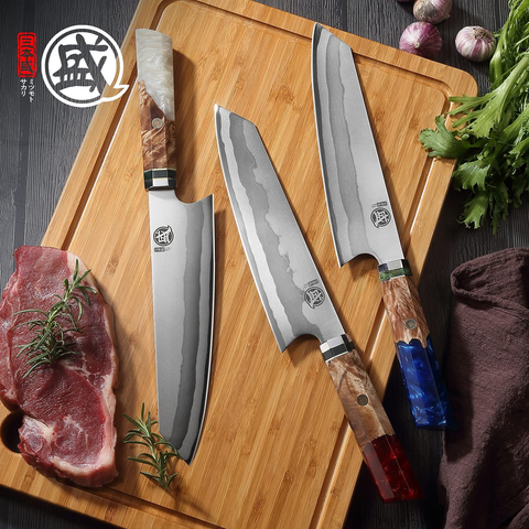 Image of MITSUMOTO SAKARI 8 Inch Japanese Kiritsuke Chef Knife, Hand Forged 67 Layers 440C Damascus Steel Kitchen Knives, Professional Meat Sushi Chef'S Knife (White Pomegranate Handle & Gift Box)