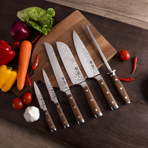 Image of BGT Japanese 67 Layer High Grade VG-10 Super Damascus Steel Knives, Sharp, Teak Handle Professional Hammered Kitchen Knife Set with Knife Roll Bag 6Pcs Set (Silver Blade)