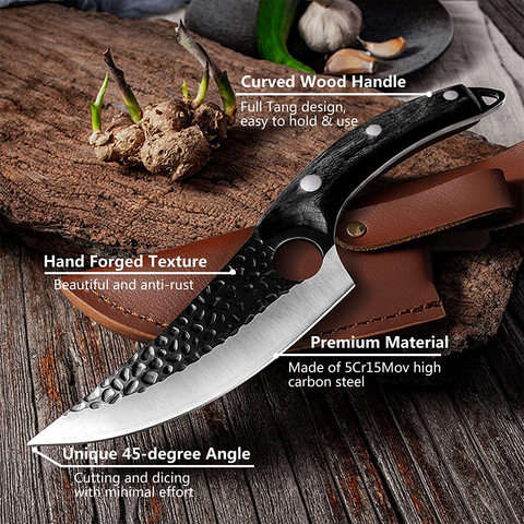 Image of Viking Knives, Butcher Knife Black Forged Boning Knives with Sheath Japanese Fillet Meat Cleaver Knives Full Tang Japan Knives Chef Knife for Kitchen, Camping, BBQ (Black)