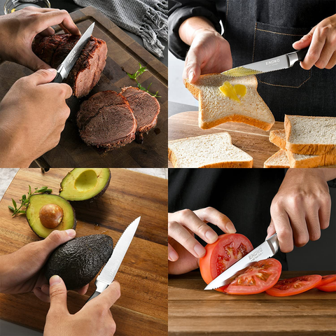 Image of Enowo Steak Knife Set,4 Serrated Steak Knives Carving Knife Meat Fork Made from German Stainless Steel,Ultra-Sharp Rust Proof Full-Tang with Gift Box for Family Dinner,Picnic,Party,Special Holidays