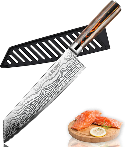 Image of KITORY Kiritsuke Knife Chef`S Knife 7.5" Damascus Pattern Japanese Kitchen Knives with Sheath for Meats, Sushi and Vegetables, German HC Steel, Pakkawood Handle for Home&Restaurant-Flamingo SERIES