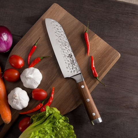 Image of BGT Japanese 67 Layer High Grade VG-10 Super Damascus Steel Knives, Sharp, Teak Handle Professional Hammered Kitchen Knife Set with Knife Roll Bag 6Pcs Set (Silver Blade)