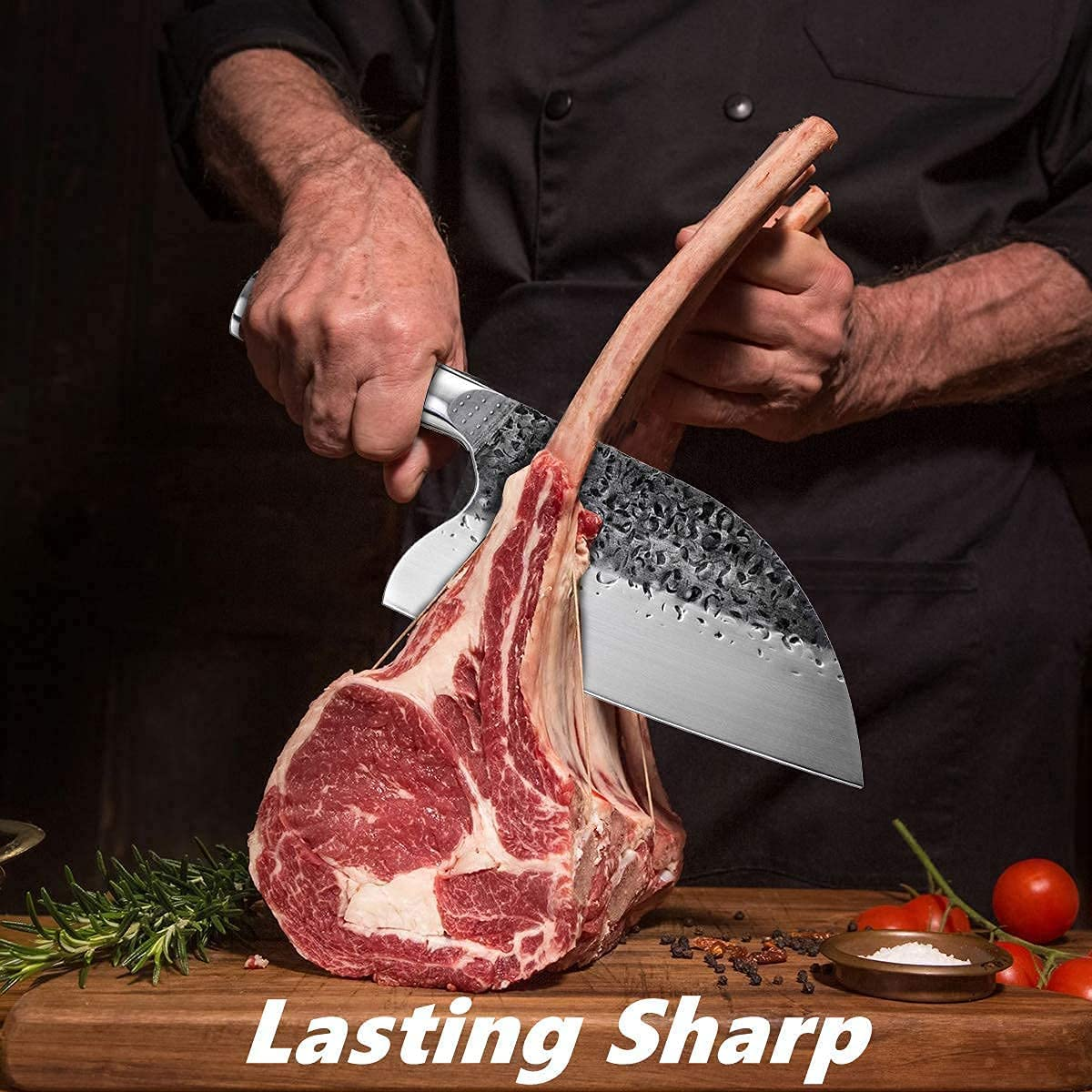 Handmade Forged Serbian Meat Cleaver Knife with Sheath Chef'S Knvies Full Tang Butcher Knife Outdoor Meat Vegetable Cleaver for Family, BBQ or Camping (Silver)