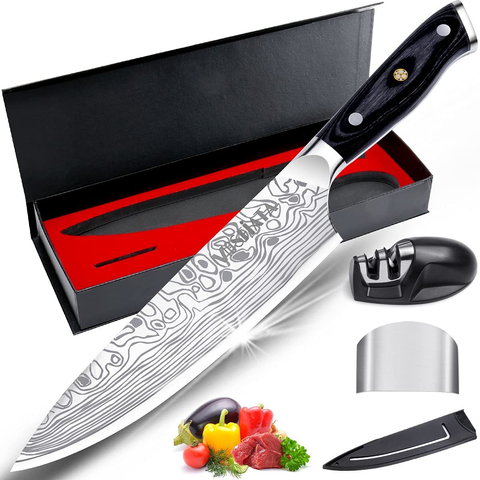 Image of Mosfiata 8" Super Sharp Professional Chef'S Knife with Finger Guard and Knife Sharpener, German High Carbon Stainless Steel EN1.4116 with Micarta Handle and Gift Box