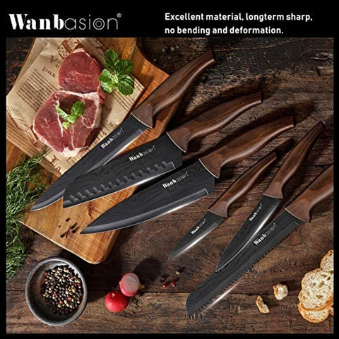 Image of Matte Black Titanium Plated Stainless Steel Kitchen Knife Set, Chef Kitchen Knife Set Professional, Dishwasher Safe Kitchen Knife Set with Damascus Style