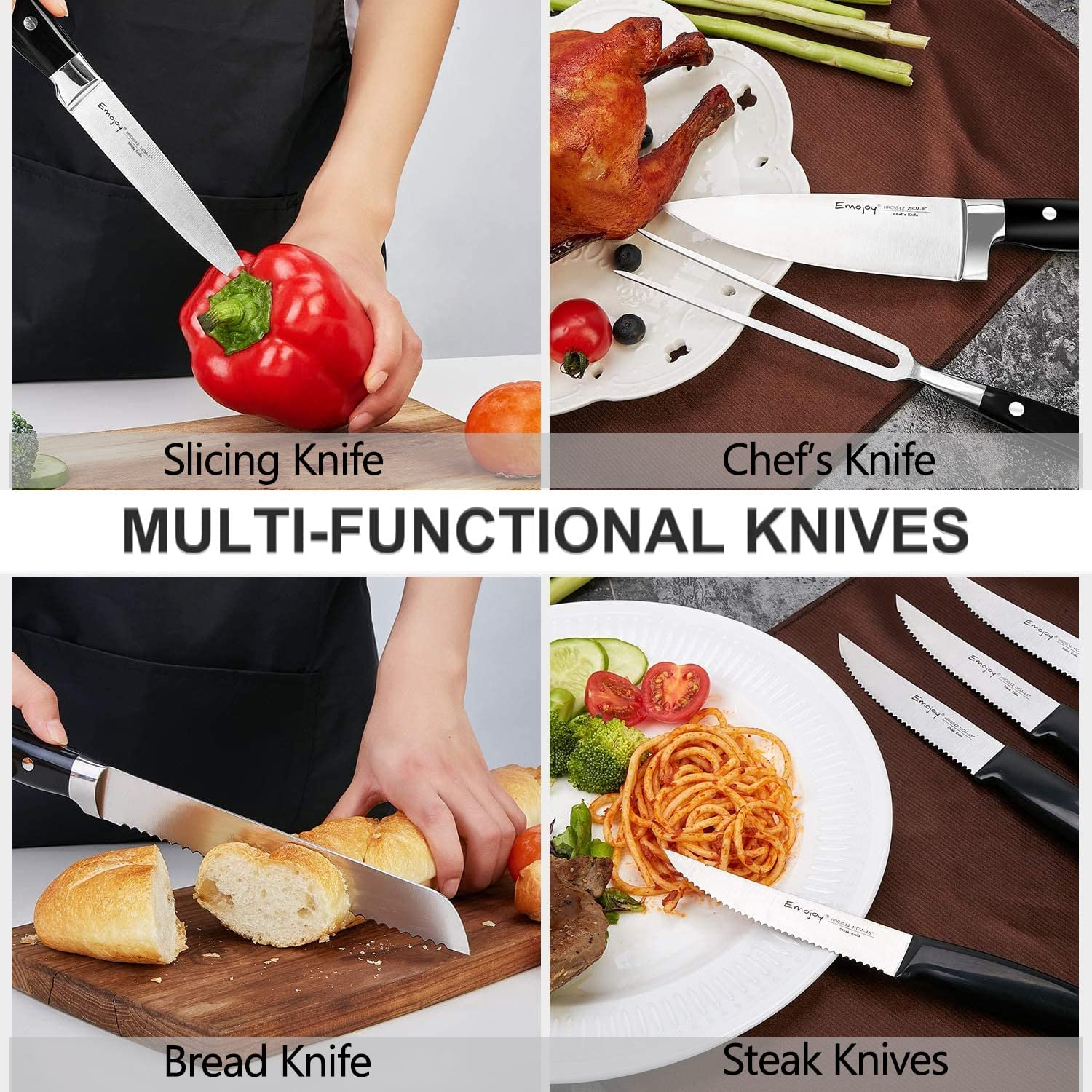 Knife Set with Block, 22 Pcs Kitchen Knife Set with Sharpener Black, German Stainless Steel Knives Set with Carving Fork Steak Knives, High Carbon Full Tang Knives Set