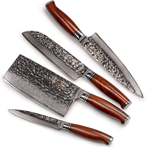 Image of YARENH Damascus Kitchen Knife Set with Cleaver 4 Pcs - 73 Layers Japanese High Carbon Stainless Steel - Full Tang Natural Dalbergia Wood Handle - Professional Chef Knife Set