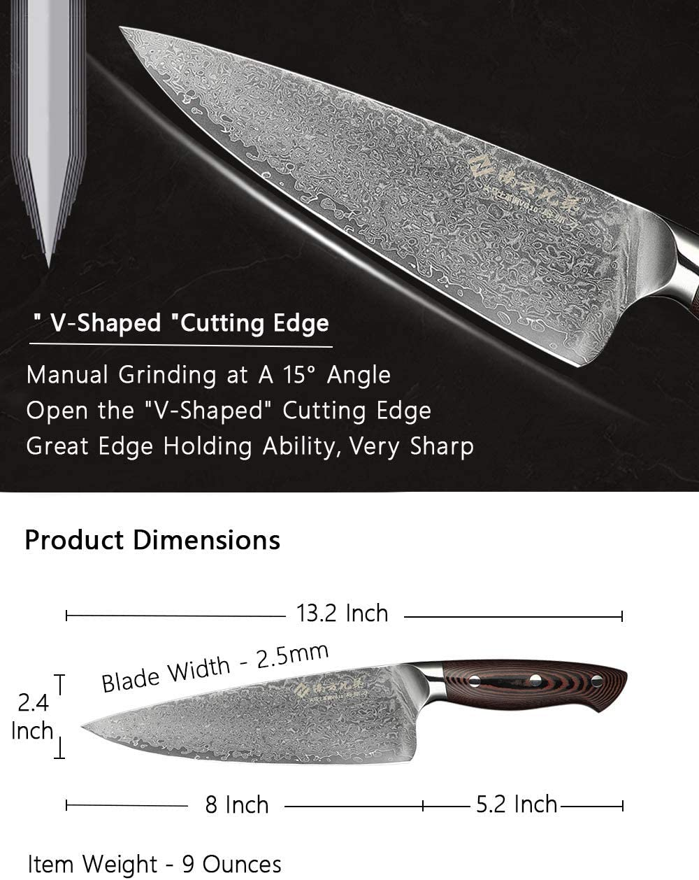 Damascus Chef Knife 8 Inch Kitchen Knives Professional Super Steel VG10 High Carbon Stainless Very Sharp Damascus Steel Knife Comfortable Ergonomic Wood Grain Handle Luxury