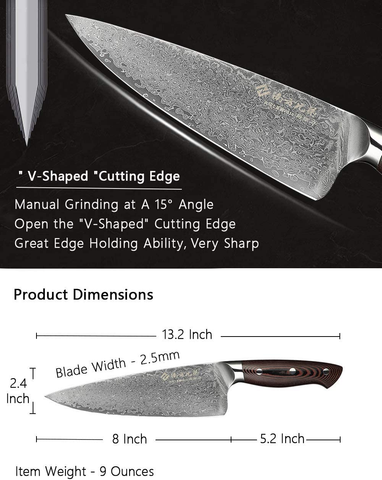 Image of Damascus Chef Knife 8 Inch Kitchen Knives Professional Super Steel VG10 High Carbon Stainless Very Sharp Damascus Steel Knife Comfortable Ergonomic Wood Grain Handle Luxury