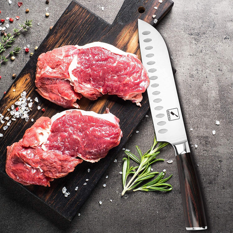 Image of Santoku Knife - Imarku 7 Inch Kitchen Knife Ultra Sharp Asian Knife Japanese Chef Knife - German HC Stainless Steel 7Cr17Mov - Ergonomic Pakkawood Handle, Best Choice for Home Kitchen, Brown