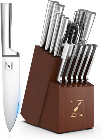 Image of Kitchen Knife Set - Imarku 15 Pieces German Stainless Steel Kitchen Knife Block Set with Sharpener - Dishwasher Safe Kitchen Knives - Ultra Sharp Chef Knife Set for Kitchen with Block - Silver