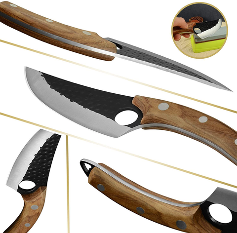 Image of XYJ Full Tang Boning Knife Handmade Forged Butcher Knife Serbian Chef Knife Multi-Functional Cleaver with Leather Sheath for Kitchen Camping or BBQ