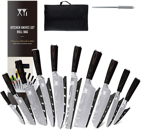 Image of XYJ Stainless Steel Kitchen Knives Set 10 Piece Chef Knife Set with Knife Sharpening Rod Carry Case Bag & Sheath Well Balance Ergonomic Handle