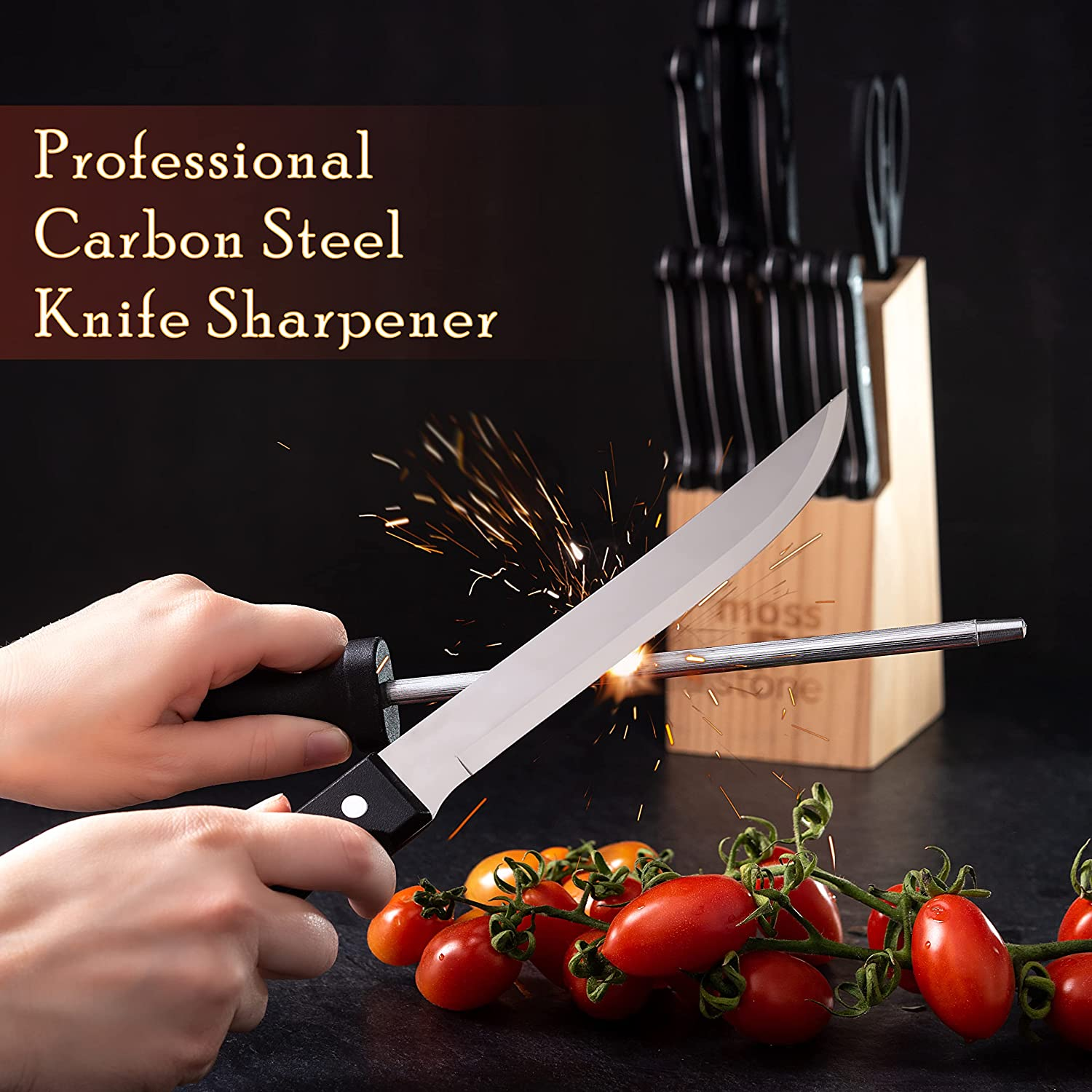 Stainless Steel Serrated Knife Set | Kitchen Knives Set with High-Carbon Stainless Steel Blades and Wooden Block Set | Cutlery Knife Set , Kitchen Set by Moss & Stone. (14 Piece)