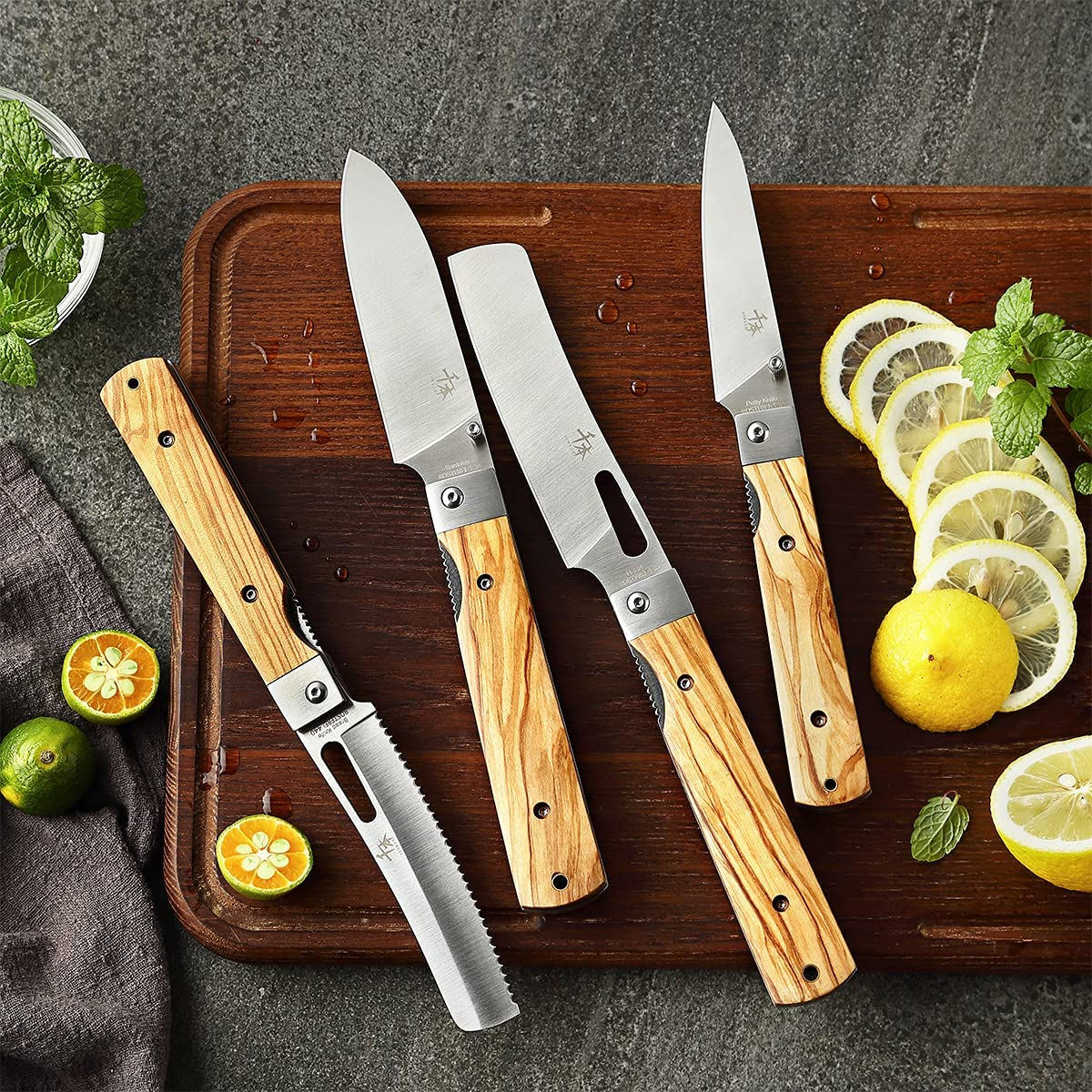 Senbon 440A Stainless Steel Gift Wrapped 4 Piece Set Sharp Pocket Folding Japanese Chef Knife Universal Peeling Knife Bread Knife Combination Set Portable Kitchen Knives with Natural Olive Handle.