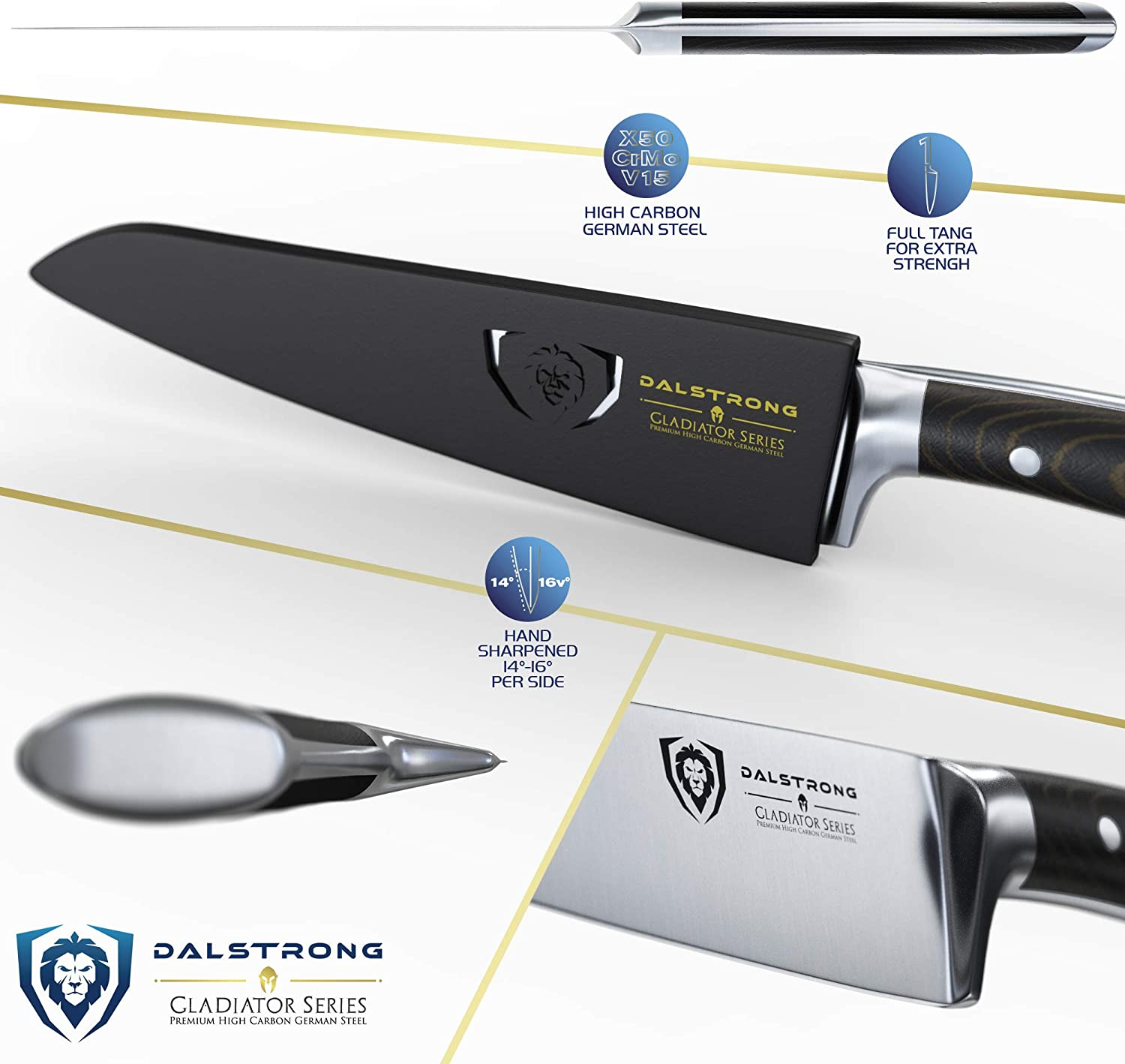 DALSTRONG Chef Knife - 7 Inch - Gladiator Series - Forged High Carbon German Steel - Razor Sharp Kitchen Knife - Full Tang - Black G10 Handle - Sheath Included - NSF Certified