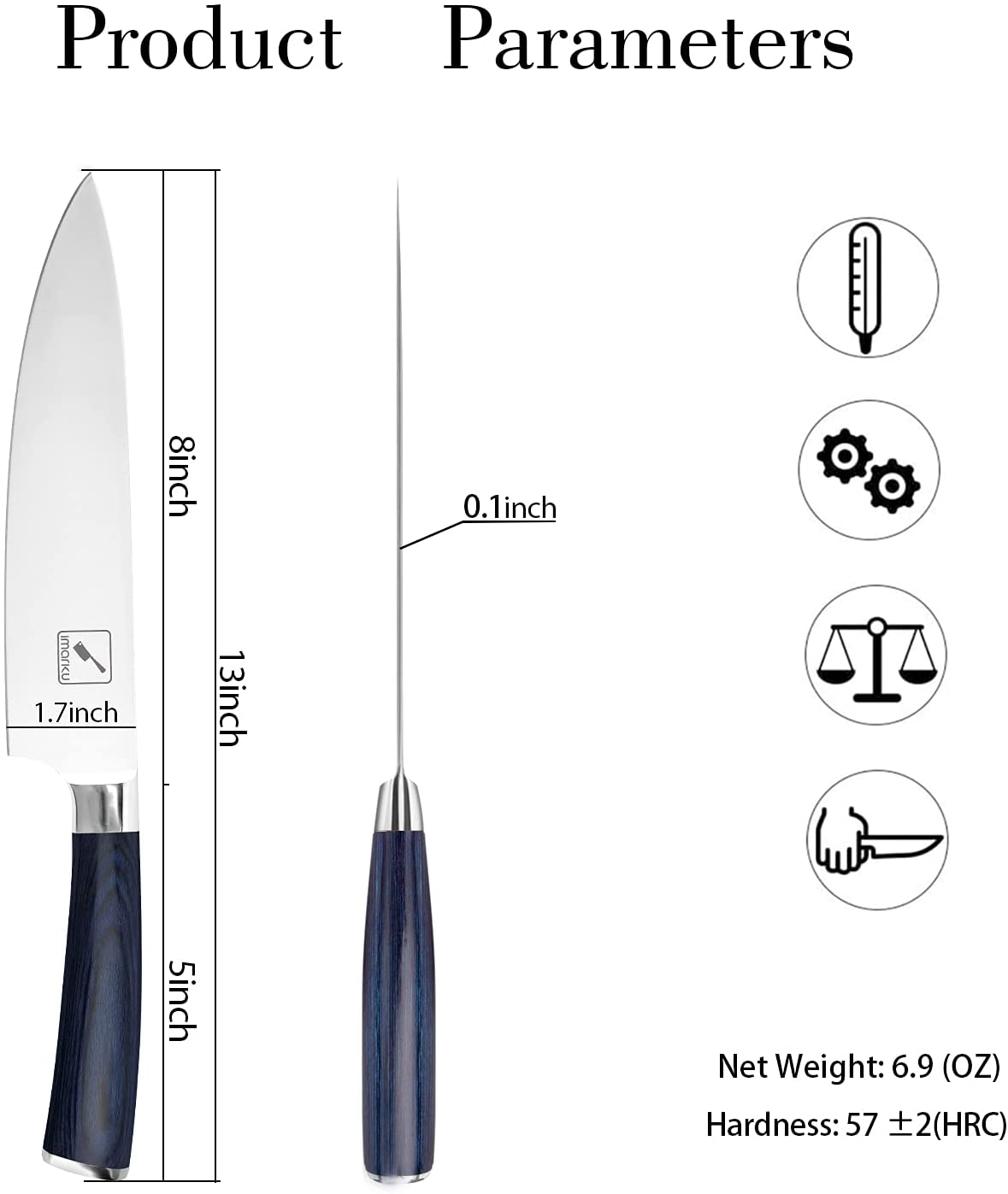 Imarku Chef Knife - Pro Kitchen Knife 8 Inch Chef'S Knives High Carbon German Stainless Steel Sharp Paring Knife with Ergonomic Handle (Blue Handle)
