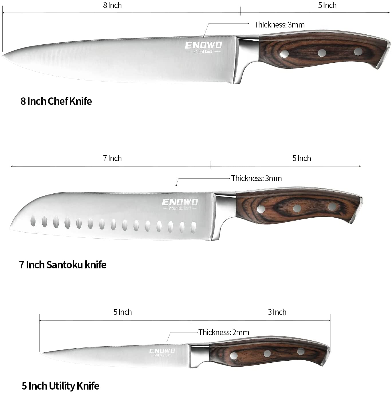 Enowo Chef Knife Ultra Sharp Kitchen Knife Set 3Pcs ,Premium German Stainless Steel Knife Cutlery Set with Finger Guard Clad Dimple,Ergonomic Color Wood Handle and Christmas Gifts Box