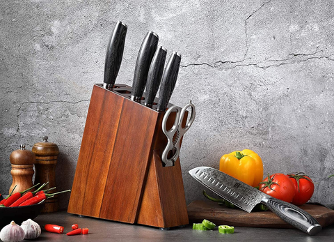 Image of XINZUO 7PC Damascus Steel Knife Block Sets, Professional High Carbon Steel Chef Knife Santoku Slicing Utility Fruit Knife with Multifunctional Kitchen Shears,Ergonomic Pakkawood Handle - Ya Series