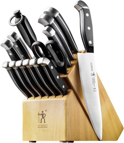 Image of HENCKELS Statement Kitchen Knife Set with Block, 15-Pc, Chef Knife, Steak Knife Set, Kitchen Knife Sharpener, Light Brown